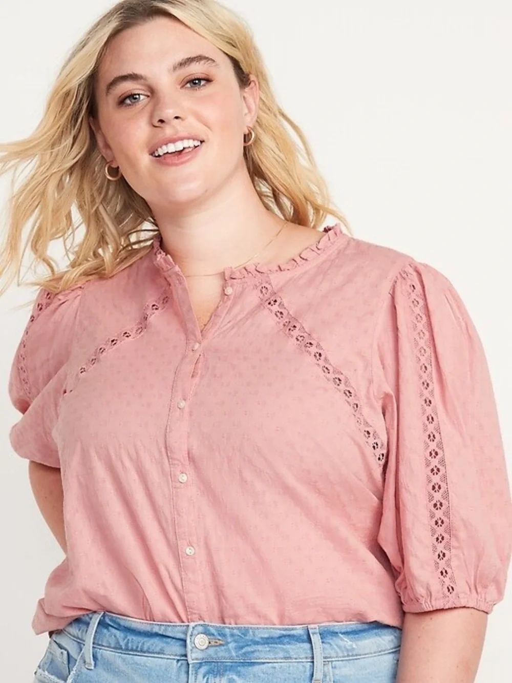 Old Navy Women’s Puff-Sleeve Lace-Trim Clip-Dot Blouse in Pink Paradigm 3X